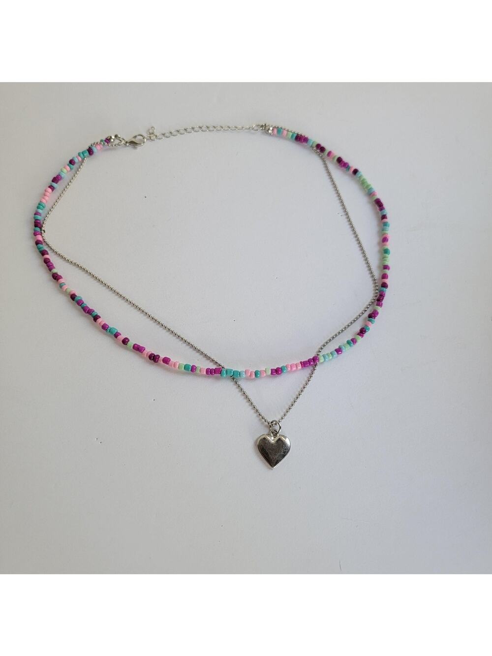 Multicolor Beaded Heart Pendant Necklace Layered Chain Lobster Clasp 18 In